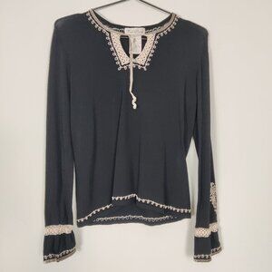 Fred David Women's Blouse Size M Black Beige Rayon Stretch Embroidery Casual Y2K